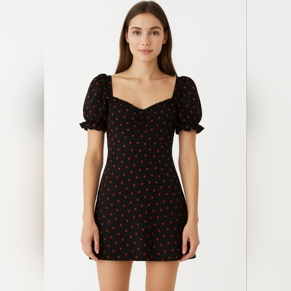 Inspired Hearts Black Dress With Red Hearts Size L Puffy Ruffle Sleeves & Neck - Picture 1 of 11